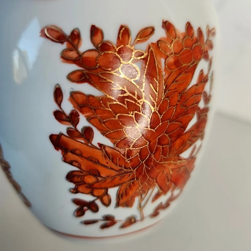 Vintage Porcelain Vase White Orange Gold Floral Chinese Asian Decor Small 4 inch